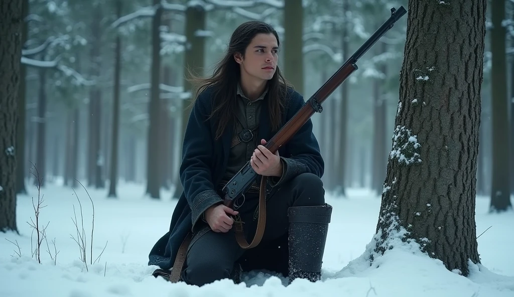 A movie still of a gritty, intense scene set in the 1800s Wild West. A handsome young Native American man with long hair and traditional clothing is kneeling by a tree in a snowy forest. He is wearing a dark robe and holding a musket. The man is aiming the musket at something off-camera. The background is filled with tall trees covered in snow, and the ground is covered in a thick layer of snow. The overall image has a desaturated color palette, with cool colors dominating.