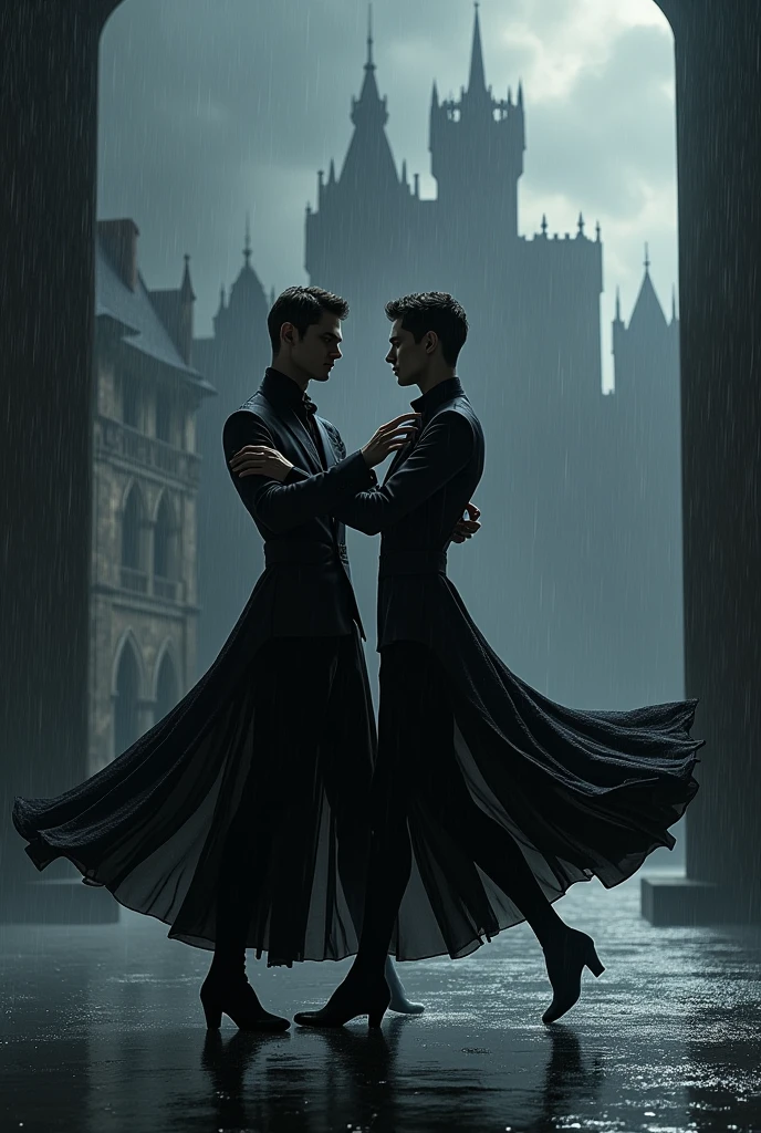 Two handsome skinny men dressed in black under the rain dancing bautiful together a black castle behind