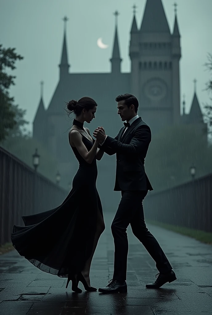 Two handsome skinny men dressed in black under the rain dancing bautiful together a black castle behind