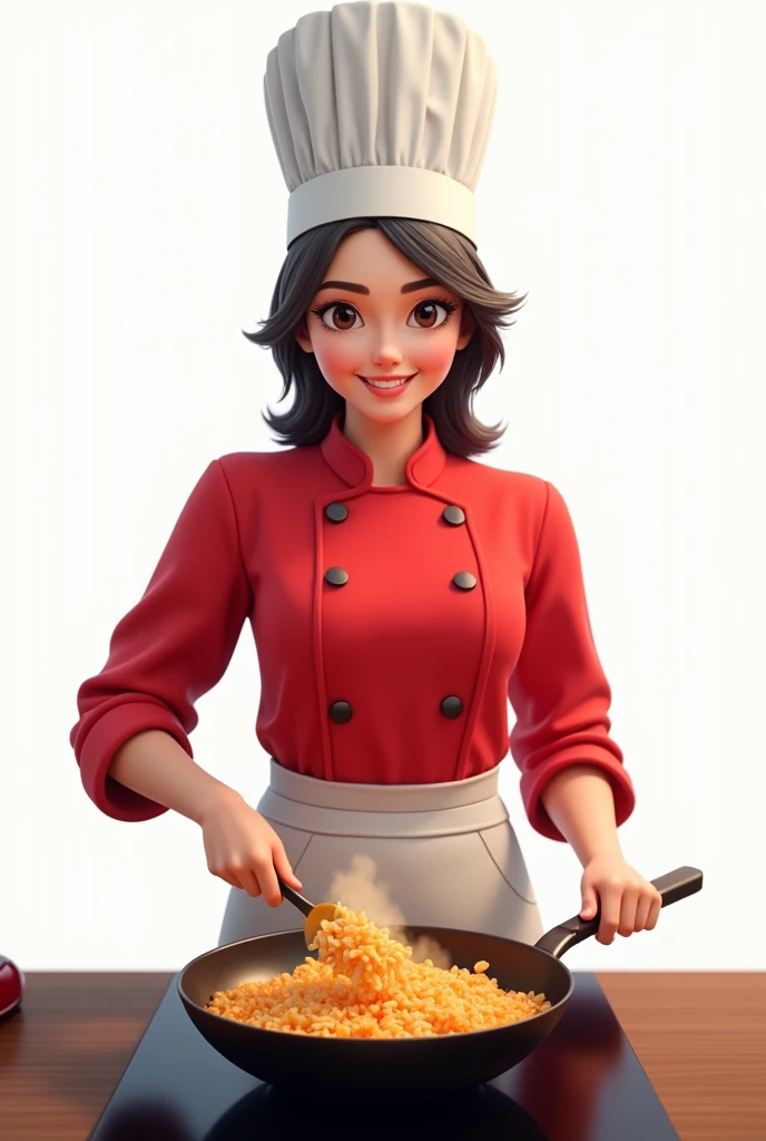 Create a virtual female chef who is stirring fried rice at the stove. and wears a red chef's shirt and chef's hat on a white background