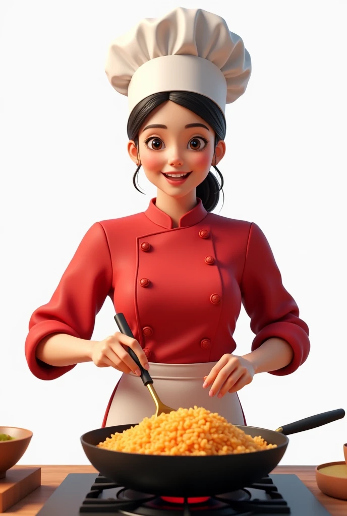 Create a virtual female chef who is stirring fried rice at the stove. and wears a red chef's shirt and chef's hat on a white background