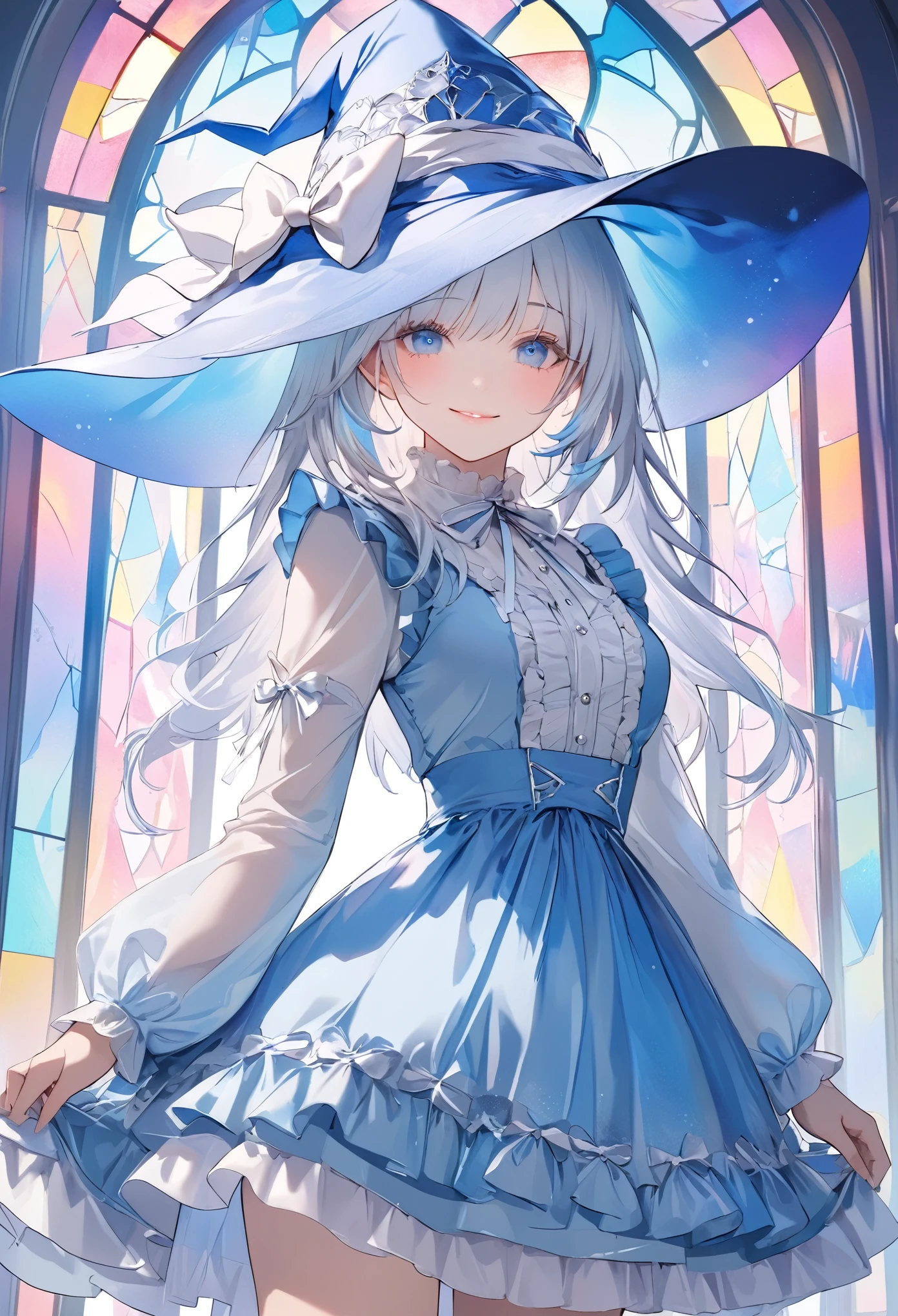 (transparent blue theme art),(top-quality),(masterpiece),(cowboy shot:1.5),((arms behind side)),Silky to the touch,Hyper Detail,(1 girl),(solo),Delicately drawn face,girl with a pretty face,beautiful detailed transparent blue eyes,beautiful detailed blue witch hat with white ribbon ornament,beautiful detailed pastel blue ****ta witch fashions with ruffles,((pastel skirt with ruffles)),((Long sleeve white and blue costume)),(Beautiful silky white hair:1.3),pale skin,a beautiful transparent illustration,pastel blue theme,beautiful smile,frontal face,soft gradient,((standing in front of pastel glass art wall)),(((stained glass is colorful pastel)))