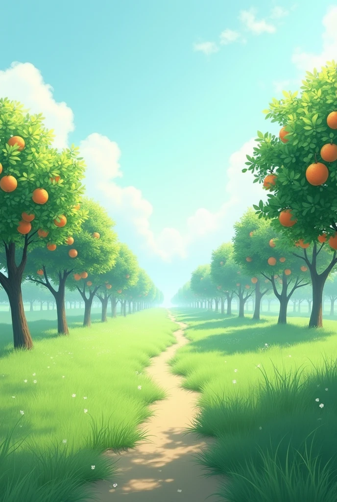 landscape of a field with madarina trees and an almost white blue sky with a path in the middle of the trees