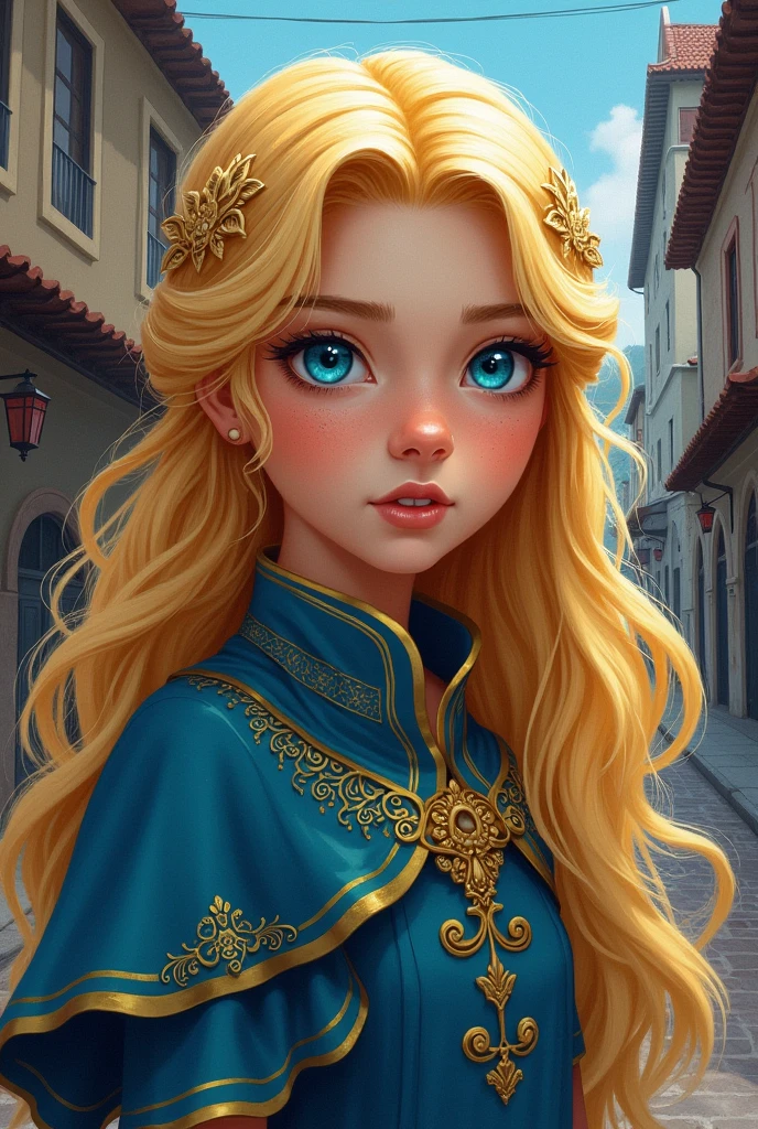 Create for me the cover of my book A Princess in Turkey sardonic kingdom her blond hair and blue eyes. teleported to Turkey in 2024 to the home of a modern, black-haired man. Put the title of the book in Portuguese and my author name Kelly Ramos. Put the title of the book in Portuguese, put details like the two worlds the ancient and the modern.
