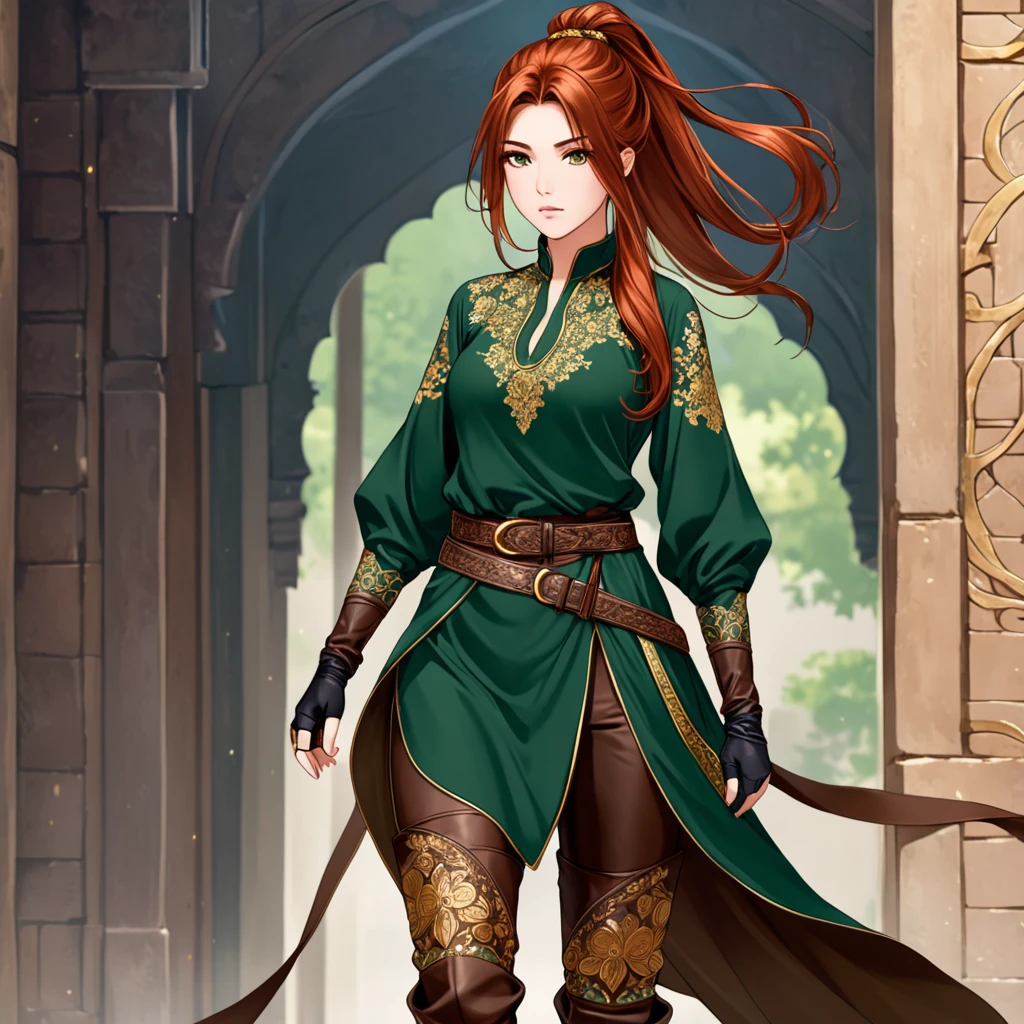 She has long, flowing auburn hair tied into a high ponytail with a few loose strands framing her face, wearing a practical yet elegant outfit consisting of a fitted, dark green tunic with intricate gold embroidery, paired with sturdy brown leather pants and knee-high boots, and accessorized with a simple leather belt and fingerless gloves.