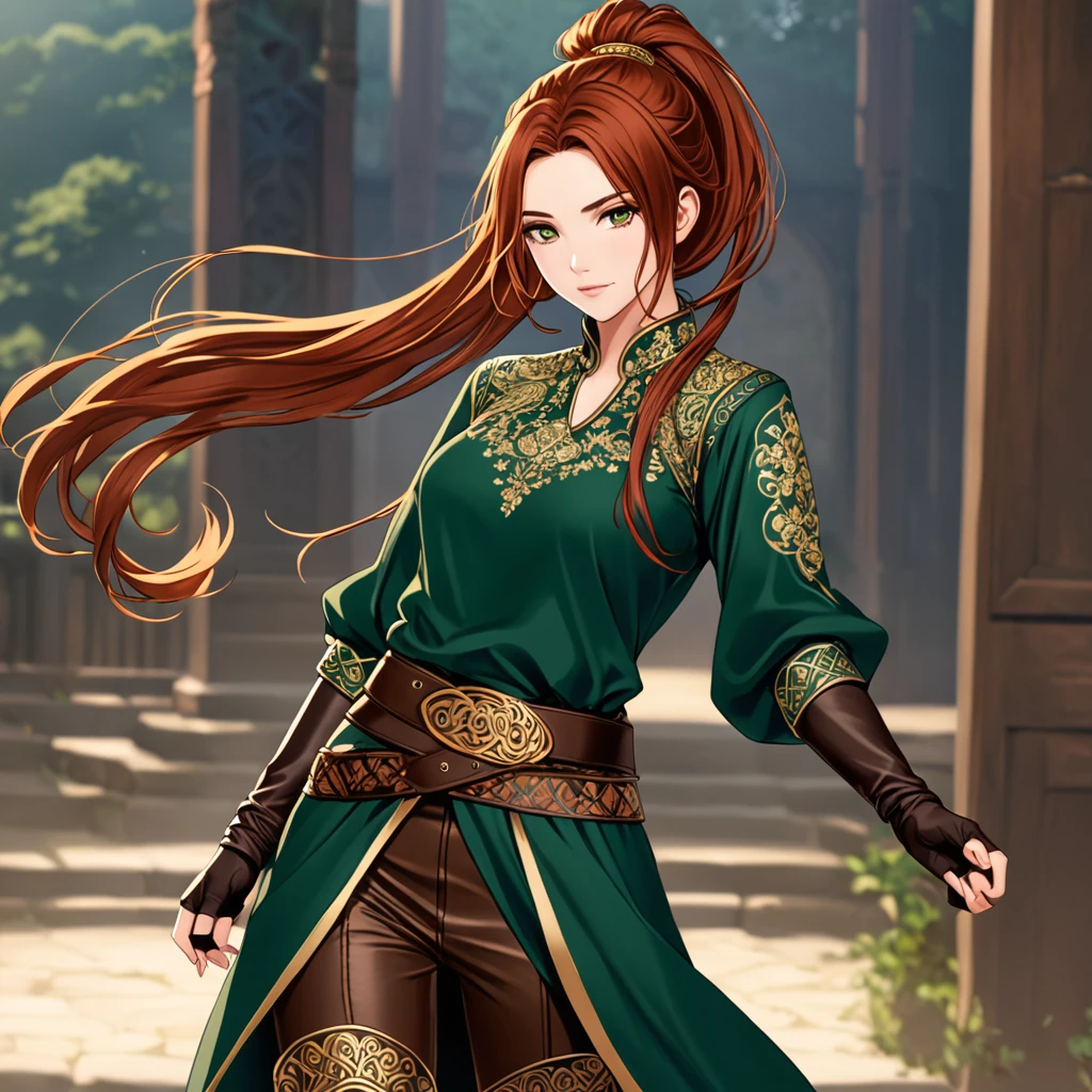She has long, flowing auburn hair tied into a high ponytail with a few loose strands framing her face, wearing a practical yet elegant outfit consisting of a fitted, dark green tunic with intricate gold embroidery, paired with sturdy brown leather pants and knee-high boots, and accessorized with a simple leather belt and fingerless gloves.