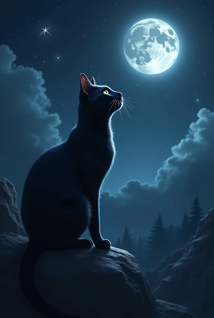 Black cat looking at stars and moon