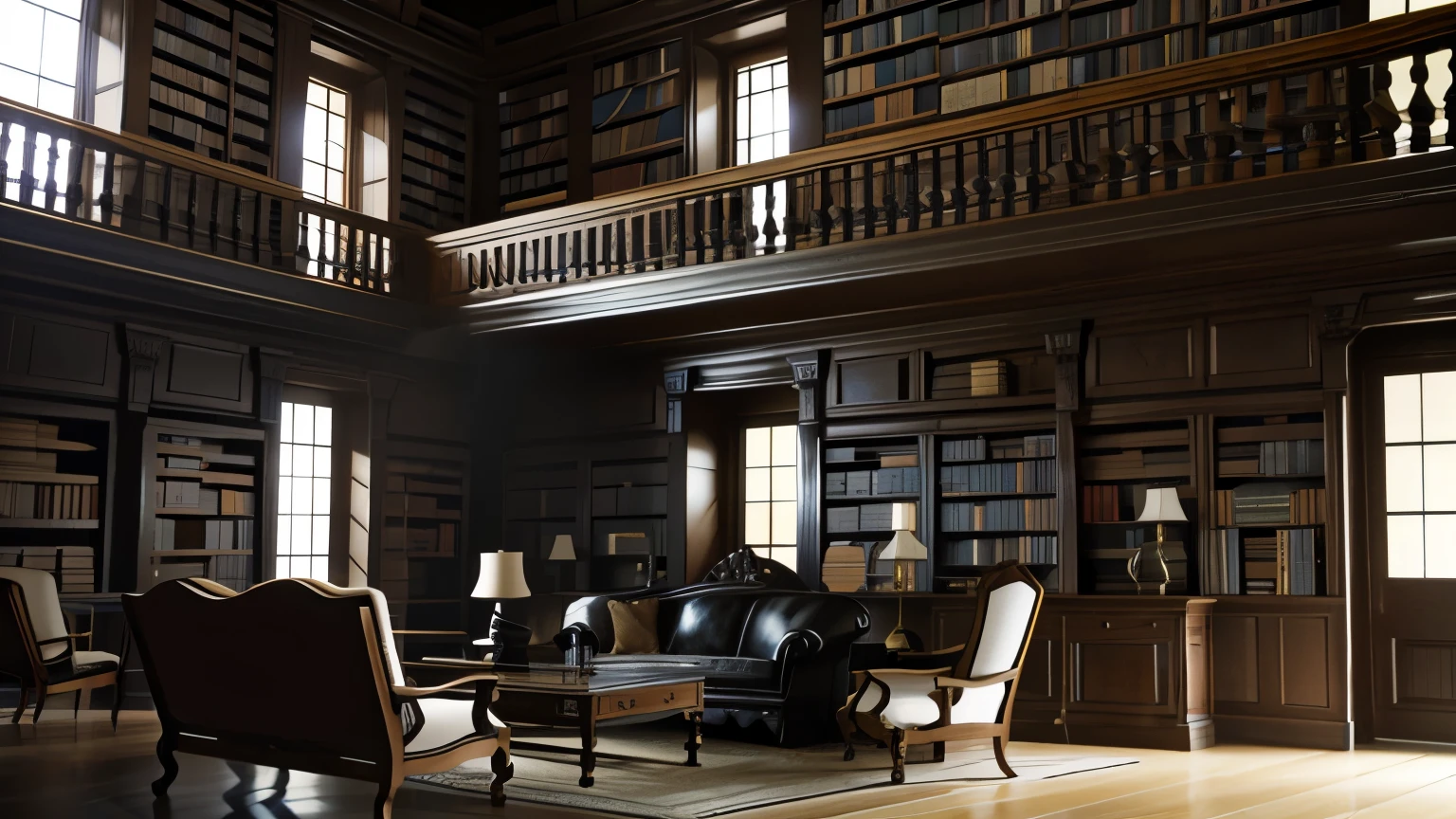 
Realistic 3D old library with many books and accents