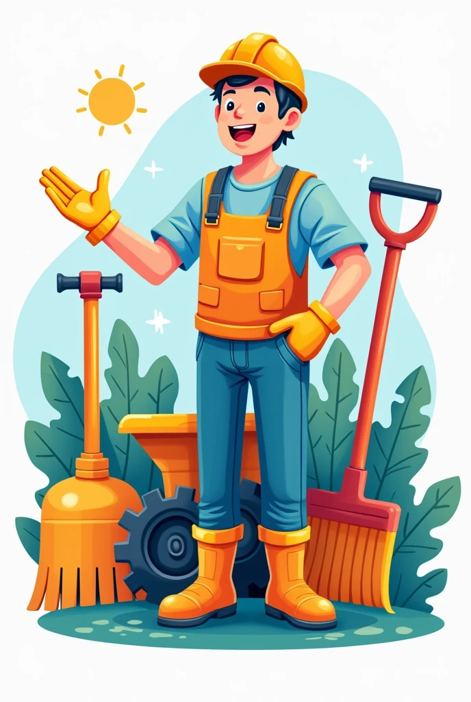Make me an icon showing a helping hand with a background showing various work tools like a water pipe., lawn mower, and sweep. The icon should have bright and attractive colors to depict professional help..