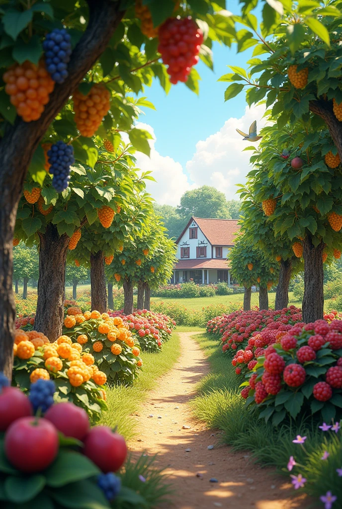 Make a realistic at home, orchard with grapes, apples, plums, apricots, cherries, and raspberries