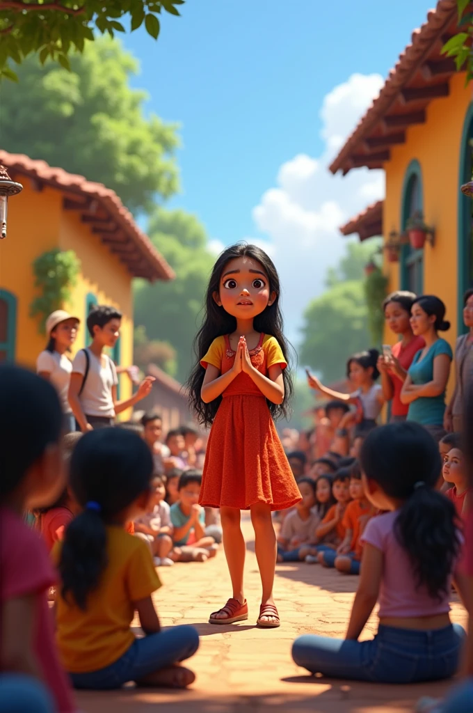 Latina girl is reciting a poem in a village, Many children and teachers watch it and people film it on cell phones, Pixar style drawing