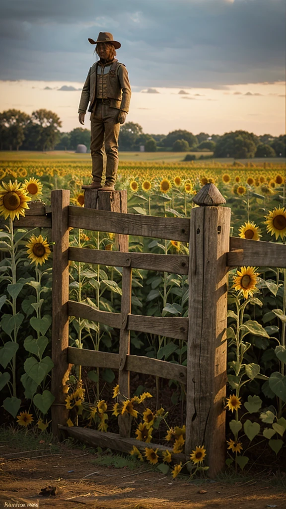 A weathered wooden fence bordering a field of sunflowers, with a lone scarecrow standing guard. Cinematic, highly detailed render, true colors