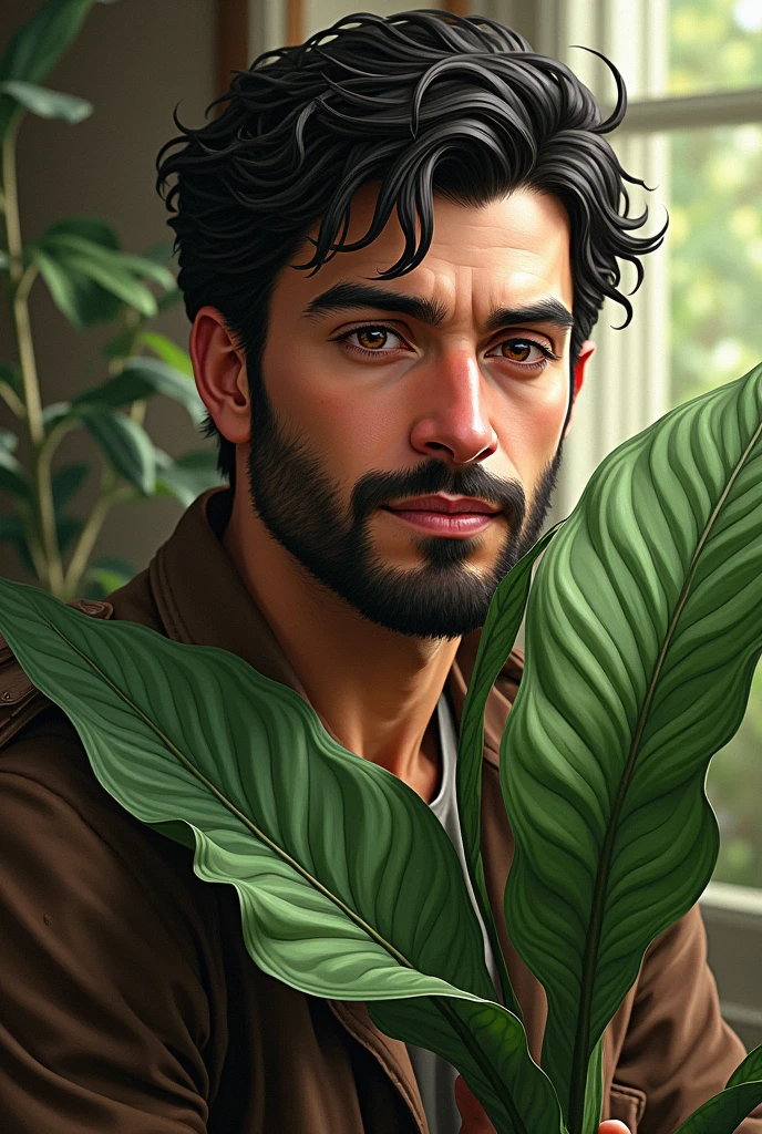 Drawing of a man with black hair and brown eyes, holding the snake plant 