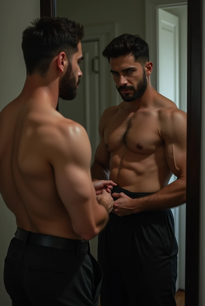 man posing photo on mirror rubbing hand on his cock with dress