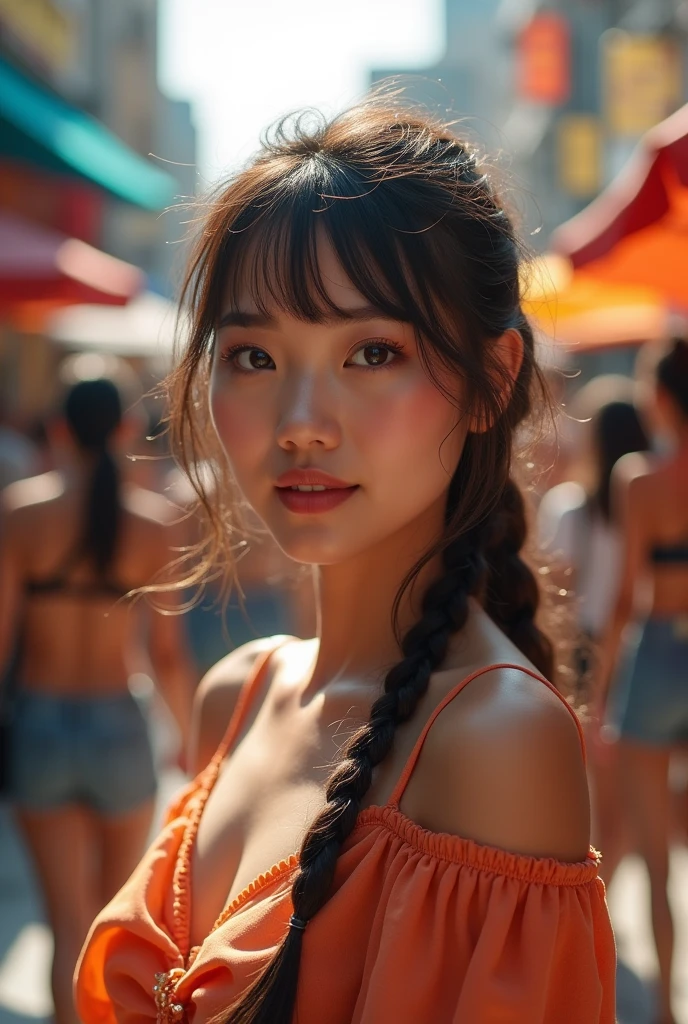 Best Quality, photorealistic, 1 girl, women,(skin denture), medium chest, (bright), (Professional lighting, bokeh), (Street), people, multitudes, braided bangs, (blouse:1.5), (dressed:0.8), gorgeous, bloom, by the floating, (dynamic pose:0.6) , Soft lighting, naked
