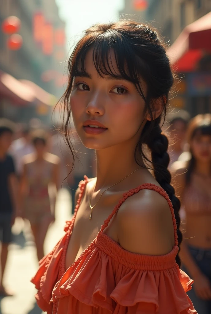 Best Quality, photorealistic, 1 girl, women,(skin denture), medium chest, (bright), (Professional lighting, bokeh), (Street), people, multitudes, braided bangs, (blouse:1.5), (dressed:0.8), gorgeous, bloom, by the floating, (dynamic pose:0.6) , Soft lighting, naked