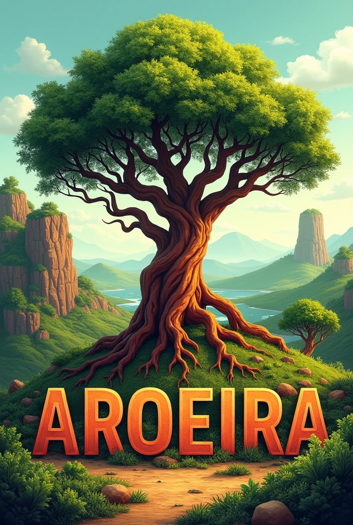 The typical aroeira plant from the northeast centered in the middle, and more elements of the northeastern hinterland spread throughout the photo and the word “AROEIRA” written in bold, large capital letters, it could be one more image as it is for a 3rd year class