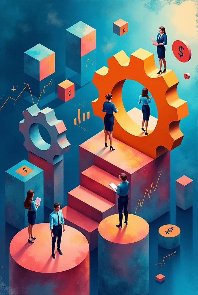Create three-dimensional gears, circles, and squares, currency, graph lines, and many businesswoman images. Using watercolor and mixed media Use bright colors The light source is in the upper right corner,background blue. --ar 2:3