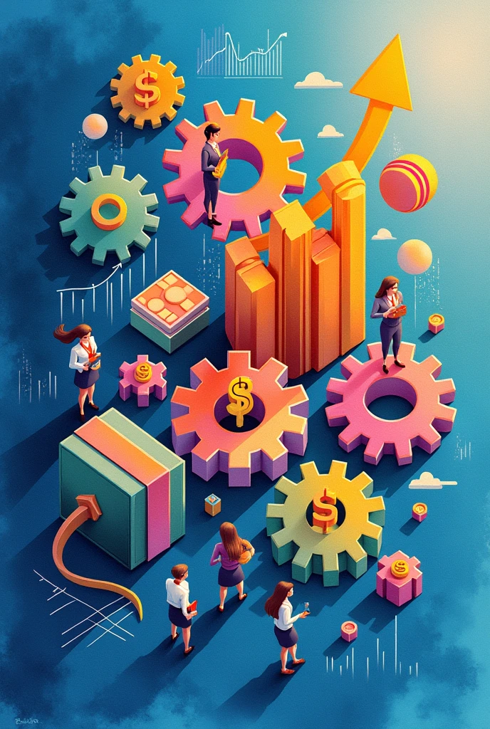 Create three-dimensional gears, circles, and squares, currency, graph lines, and many businesswoman images. Using watercolor and mixed media Use bright colors The light source is in the upper right corner,background blue. --ar 2:3