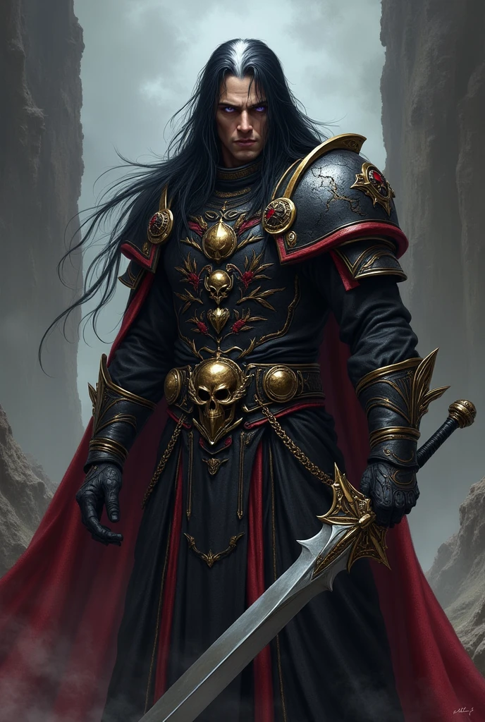 Man with long black hair with white streak Violet eyes Inspired by a Psyker from the Warhammer 40k universe Black clothes with red details and golden skulls Silver sword