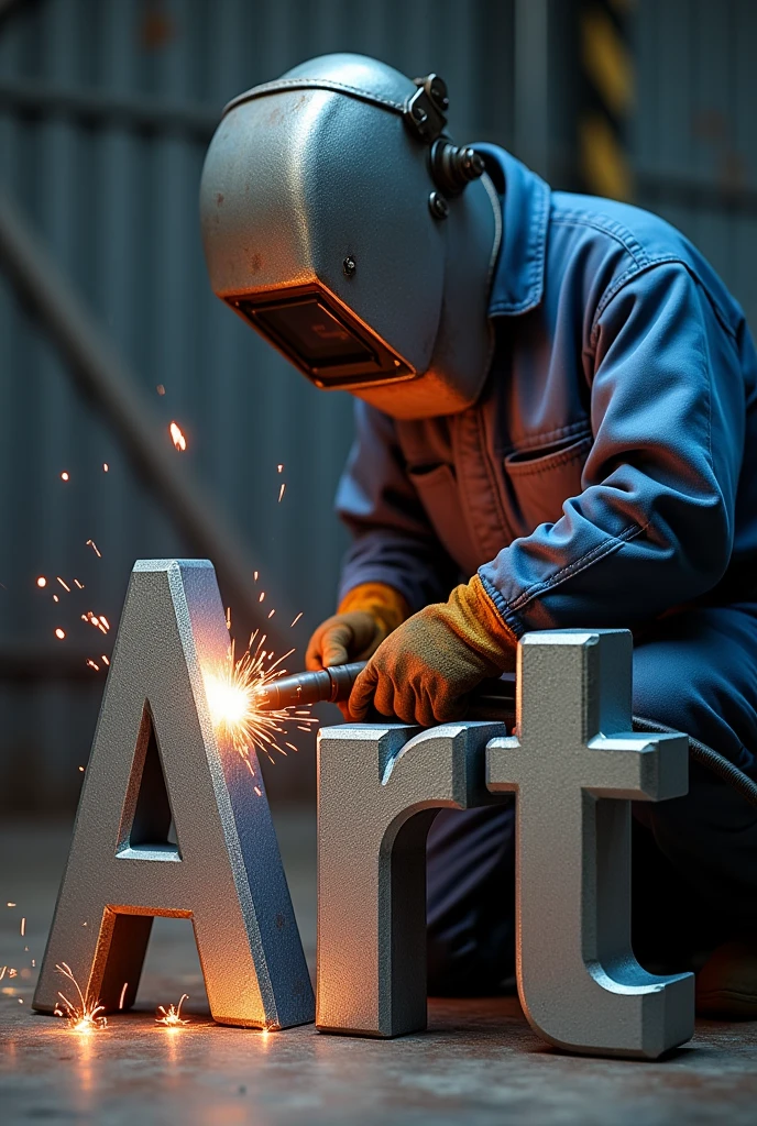 A welder standing welding the last letter of the following sentence: METAL ART. I want the grounding cable to be in the first letter and the letters have to be made of aluminum and the image has to have a background, place the welder in the center of the image
