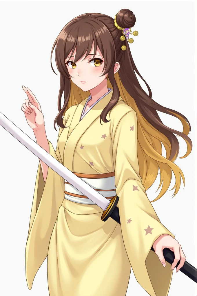 personnage demon slayer, fille, brune et blonde, yeux Hazel avec des pupilles en forme d’étoile, un kimono jaune pastel avec des motifs d’étoiles et un katana blanc