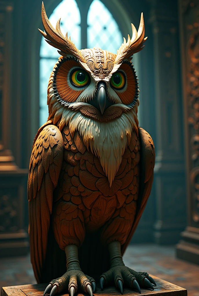 Owl victorian gothic aesthethic, intricate details insanely artwork Wooden painted, 3D effect ultra-detailed intricate insanely, Heart, museum room, green eyes, Carved in wood, painted with bright colors., indie film screencap, dramatic angle, , found footage, (steampunk), (cyberpunk aesthetic), (retrofuturism, atompunk), heroic proportions, window behind,