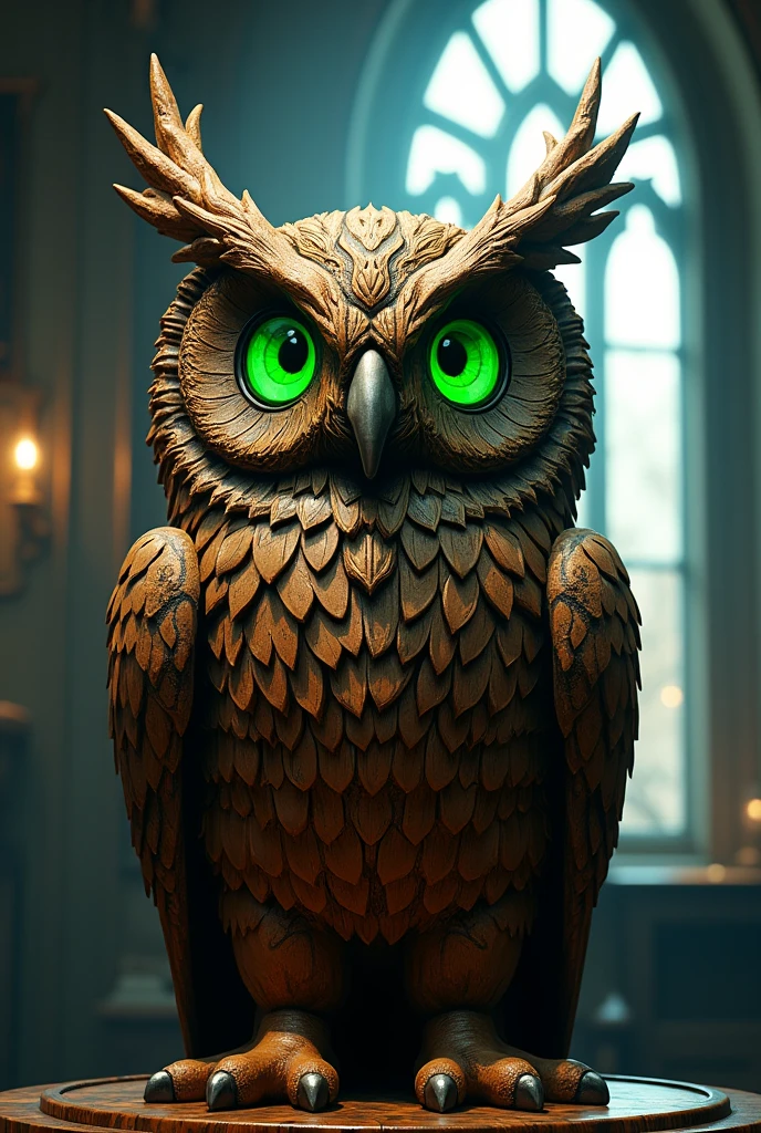 Owl victorian gothic aesthethic, intricate details insanely artwork Wooden painted, 3D effect ultra-detailed intricate insanely, Heart, museum room, green eyes, Carved in wood, painted with bright colors., indie film screencap, dramatic angle, , found footage, (steampunk), (cyberpunk aesthetic), (retrofuturism, atompunk), heroic proportions, window behind,