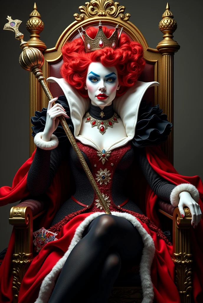 （curly red hair），queen，queen服饰，Holding a stick of love，Red lipstick，(the Red Queen，迪士尼Villains)，Big head，Pale skin，Villains，Sitting on the throne，Accessories，poker，blue eye shadow