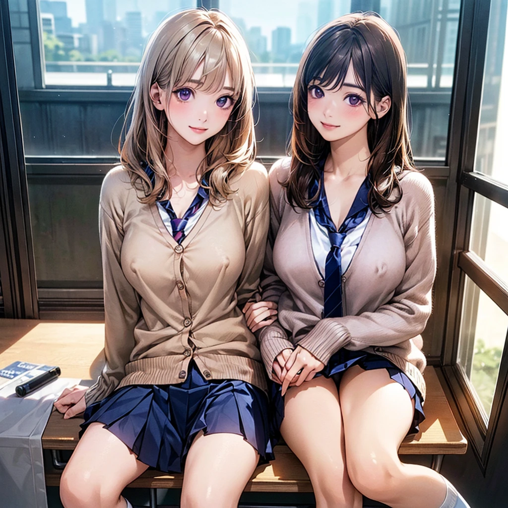 (masterpiece:1.2, Highest quality), (Realistic, photoRealistic:1.4), Beautiful illustrations, (Natural Side Lighting, Cinema Lighting), Browsing Caution, 
View your viewers, Two people who love each other, Front view:0.6, 1 person, Japanese, high School girl, Perfect Face, Cute and symmetrical face, Glowing Skin, 
(Long Hair:1.8, Straight hair:1.7, Blonde), Asymmetrical bangs, Purple eyes, (Large Breasts:1.1, Thick thighs), 
Beautiful Hair, Beautiful Face, Beautiful attention to detail, Beautiful clavicle, Beautiful body, Beautiful breasts, Beautiful thighs, Beautiful feet, Beautiful fingers, 
((Light blue collared shirt, Navy pleated mini skirt, socks, Navy tie, Light brown cardigan)), Pink Panties, 
(Beautiful views), evening, School, classroom, curtain, walk, Place your hand on your chest, (Cute smile, Upward glance), naked, Showing her vagina, naked 、Erect nipples,bottomless