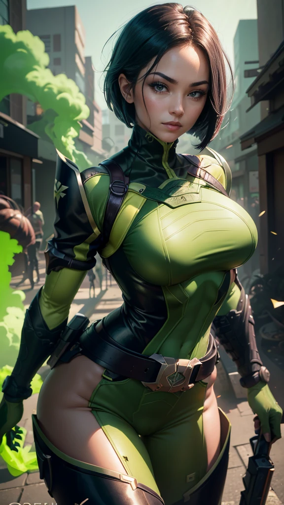 Viper da valorant,(best qualityer,4K,8k,high resolution, work of art:1.2)(weather: windy),cowboy shot, Japanese female, cyberpunk tokyo background, green and black body suit, face mask, punk makeup, thigh high boots, belt, short hair, ultra detailed, realistic, portrait, beautiful detailed green eyes, beautiful detailed lips, extremely detailed eye and face, beautiful girl, long eyelashes, sexly, average, large breasts, beaming smile, combat pose, stunning curves, bright coloured, dramatic lighting, green smoke,