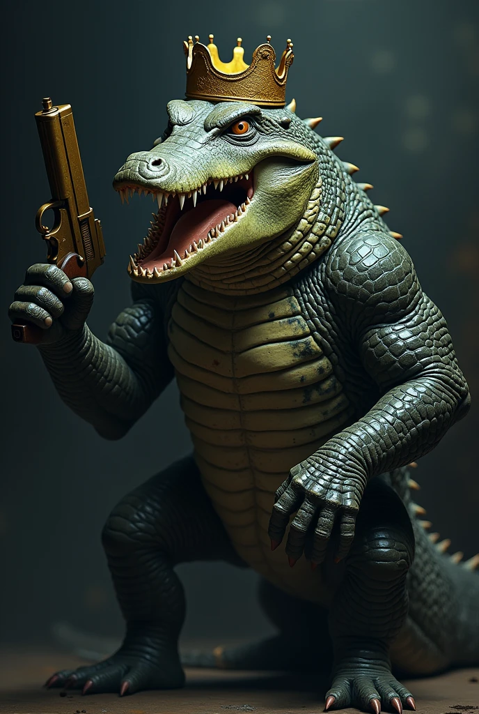 Crocodile hand in gun and crocodile head in crown