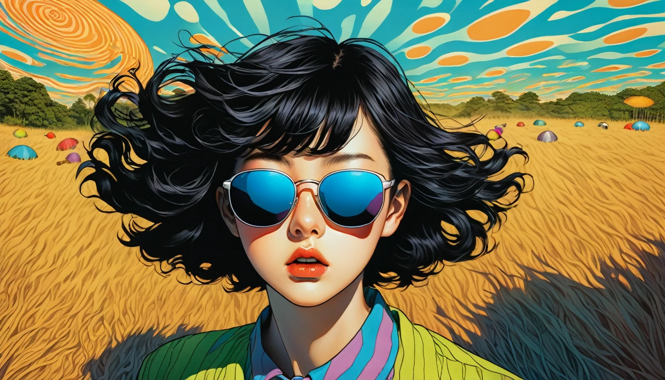 An illustration、art、Supervised by Junji Ito、Overaction、Overreaction、Pretending to be scared、Attention to detail, Realistic shadows、Analog Style, chromatic aberration, Surrealism、sunglasses
