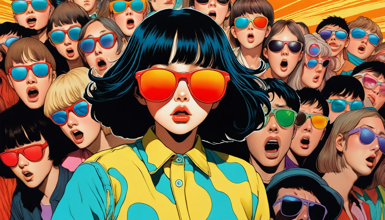 An illustration、art、Supervised by Junji Ito、Overaction、Overreaction、Pretending to be scared、Attention to detail, Realistic shadows、Analog Style, chromatic aberration, Surrealism、sunglasses
