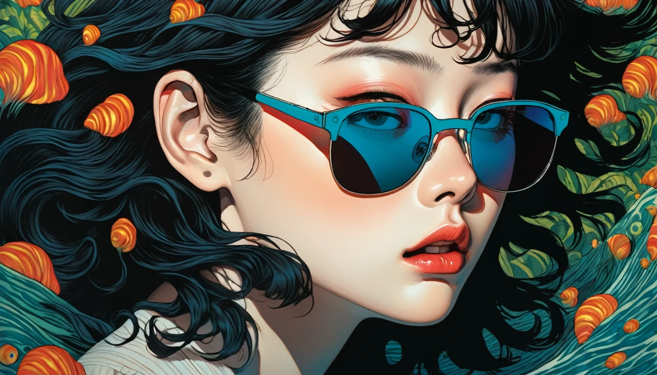 An illustration、art、Supervised by Junji Ito、Overaction、Overreaction、Pretending to be scared、Attention to detail, Realistic shadows、Analog Style, chromatic aberration, Surrealism、sunglasses