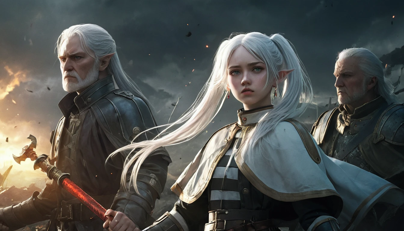Epic battle scene, photoreal, fantasy, 4 characters, 1 girl with white hair, long hair, twintails, pointy eyes, green eyes, white caplet, jewelry, earrings; 1 tall man with sword, 1 old man with staff, 1 dwarf with axe; bright flash of light in the background; silhouettes disappearing into light, Frieren watching in sadness, ruins of battlefield, dark skies clearing, emotional and dramatic lighting, realistic skin and textures, ultra-detail.