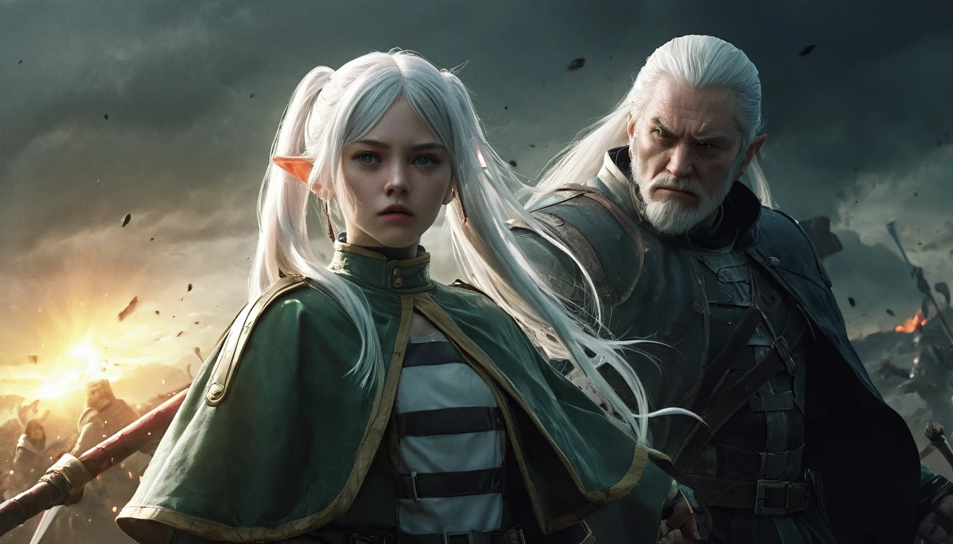 Epic battle scene, photoreal, fantasy, 4 characters, 1 girl with white hair, long hair, twintails, pointy eyes, green eyes, white caplet, jewelry, earrings; 1 tall man with sword, 1 old man with staff, 1 dwarf with axe; bright flash of light in the background; silhouettes disappearing into light, Frieren watching in sadness, ruins of battlefield, dark skies clearing, emotional and dramatic lighting, realistic skin and textures, ultra-detail.