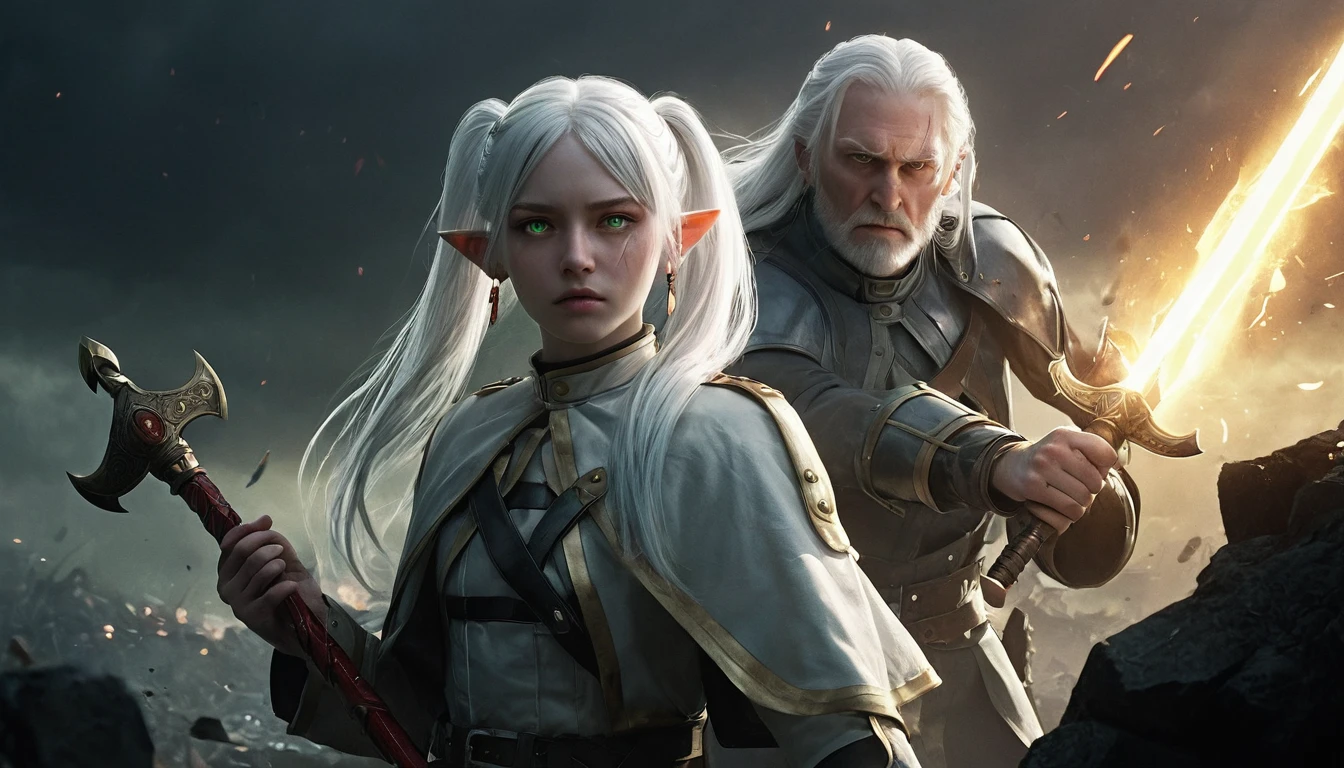 Epic battle scene, photoreal, fantasy, 4 characters, 1 girl with white hair, long hair, twintails, pointy eyes, green eyes, white caplet, jewelry, earrings; 1 tall man with sword, 1 old man with staff, 1 dwarf with axe; bright flash of light in the background; silhouettes disappearing into light, Frieren watching in sadness, ruins of battlefield, dark skies clearing, emotional and dramatic lighting, realistic skin and textures, ultra-detail.