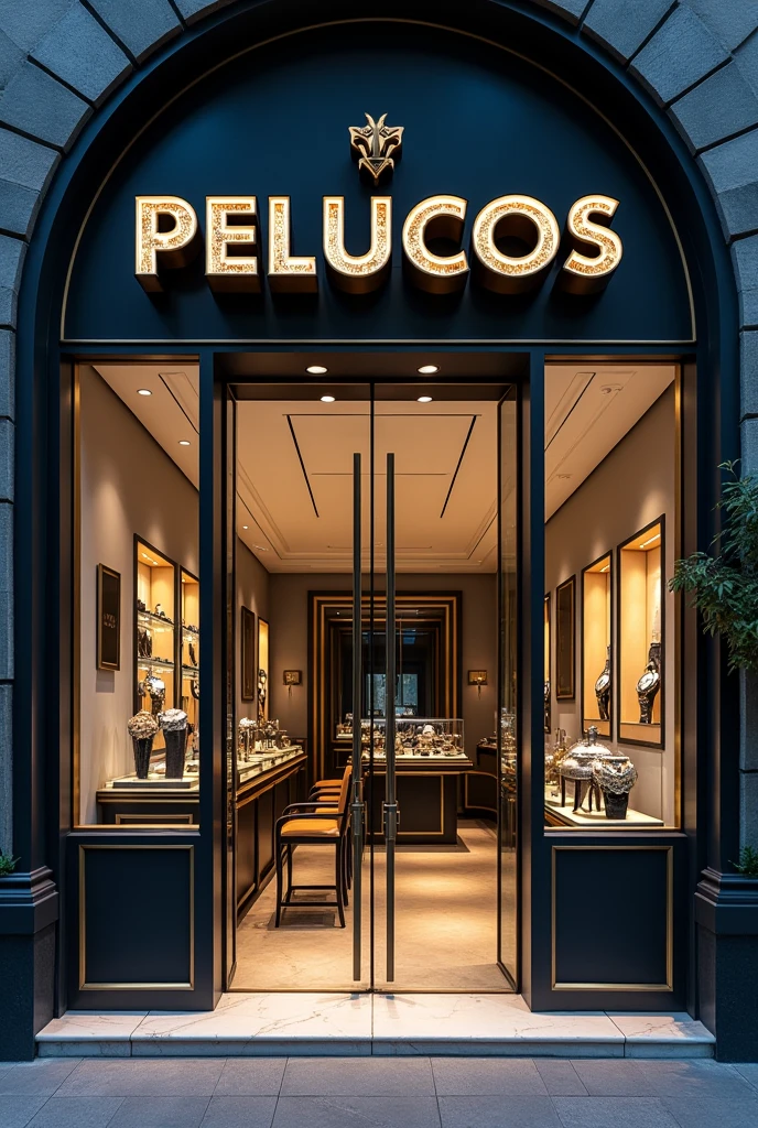 "A vibrant and eye-catching storefront for a watch shop named 'PELUCOS.' The facade is sleek and modern, with large glass windows displaying an array of elegant and stylish watches. Above the entrance, the store's name 'PELUCOS' is prominently featured in bold, metallic letters with a slight shine, designed to resemble the hands of a watch. The entrance is framed by polished metal accents, and the door is made of glass, offering a clear view into the luxurious interior. The exterior is illuminated by soft, ambient lighting, highlighting the high-end feel of the shop. The overall design is sophisticated yet inviting, blending contemporary style with a focus on precision and craftsmanship, making 'PELUCOS' stand out as a premier destination for watch enthusiasts."