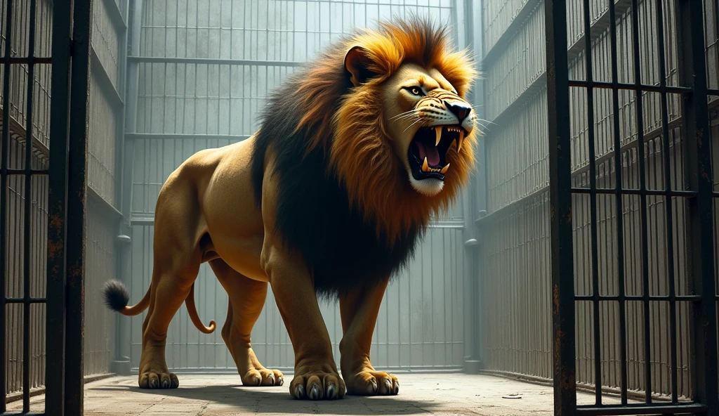 The Cage and the Lion
Depict the lion in the cage with its menacing appearance, highlighting the large, exposed teeth and the general fear it instills.