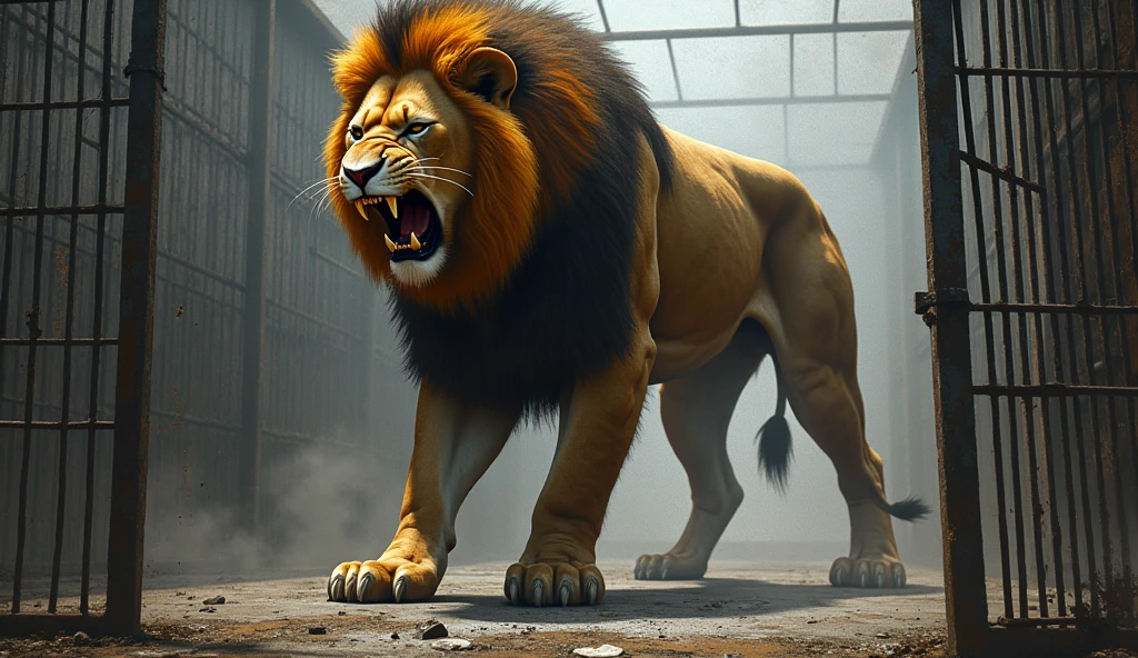The Cage and the Lion
Depict the lion in the cage with its menacing appearance, highlighting the large, exposed teeth and the general fear it instills.