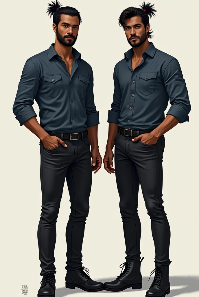 2 man, dark brown skin, Brown eyes, short black hair with a small ponytail,  a little bit of beard, Dark blue shirt, black skinny jeans and black boots 
