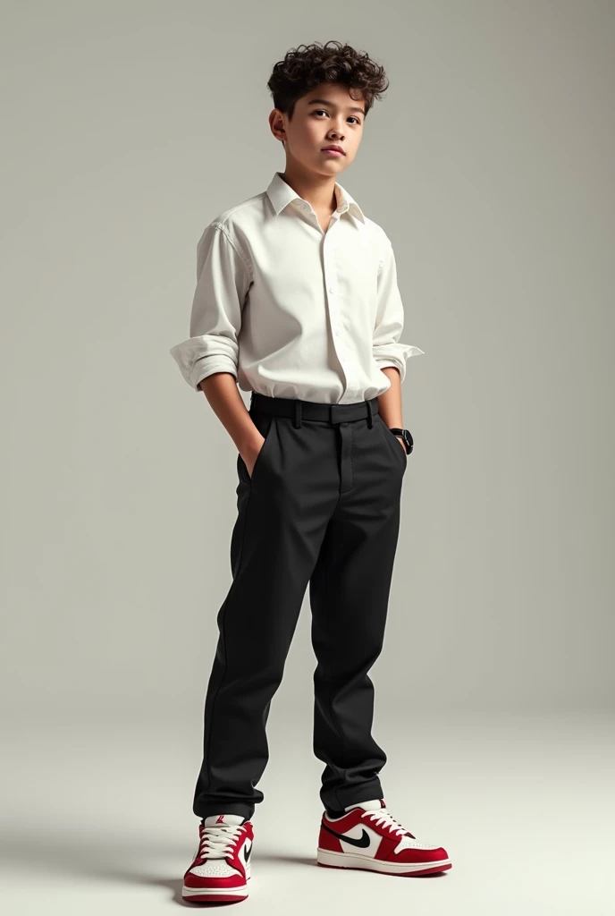 a boy with formal shirt and pant with jordan 1 low
