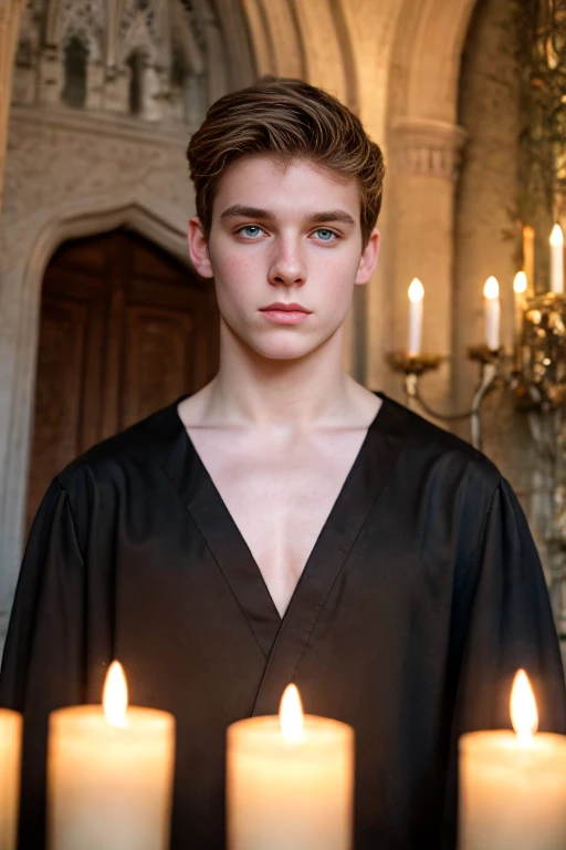 gothic aura, gothic architecture, mysterious atmosphere, candles, chandeliers, dark colors, attractive boy, handsome boy, white boy, pale skin, extremely pale skin, dark hair, green eyes, 2, dramatic light, symmetrical, anatomical perfection, beauty , he wears a black tunic, black toga, young prince of darkness, beautiful young demon