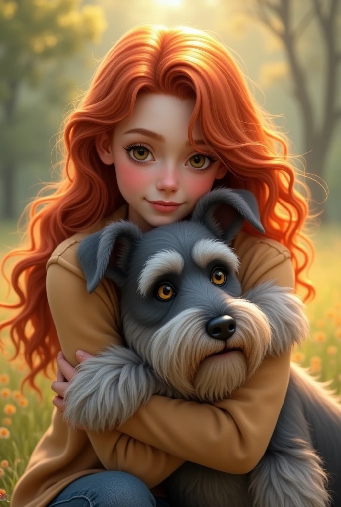 Create a 20-year-old red-haired girl with honey eyes hugging a gray schnauzer 