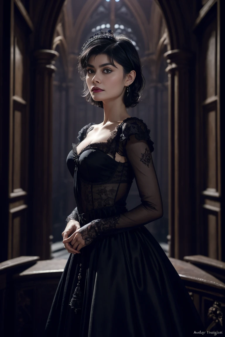((Audrey  Tautou)), masterpiece, best_quality, 1girl, solo, (goth:1.2), remilia scarlet, detailed eyes, detailed lips, long eyelashes, beautiful, elegant dress, gothic architecture, moonlight, mystical atmosphere, dramatic lighting, dark moody colors, (detailed background:1.1), (intricate details:1.1), (cinematic composition:1.1), (photorealistic:1.37)