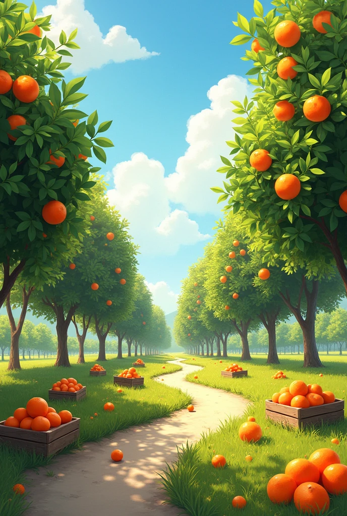 landscape of a field with madarin trees and an almost white blue sky with a path in the middle of the trees with boxes of tangerines