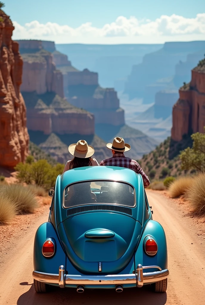 Rear of blue Beetle traveling through the Grand Canyon in the USA on vacation as a couple, where the man wears a hat and plaid shirt and the woman wears a dress.