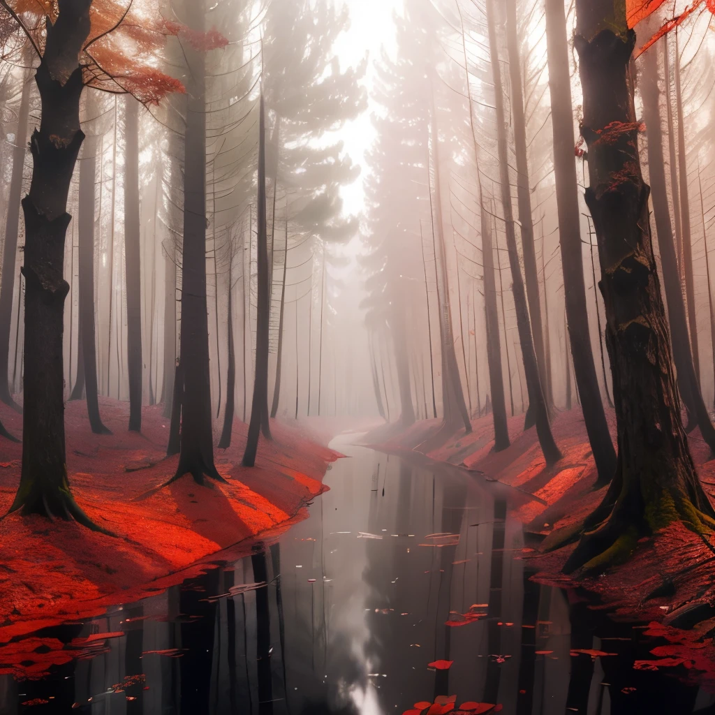 trees with red leaves in a forest with a stream of water, red forest, red fog on the ground, german forest, beautiful misty wood, red trees, really beautiful forest, in a snowy forest setting, vibrant but dreary red, snowing in the forest, forest colors, beautiful forest, beautiful forests and trees, red - toned mist, by Wolfgang Zelmer