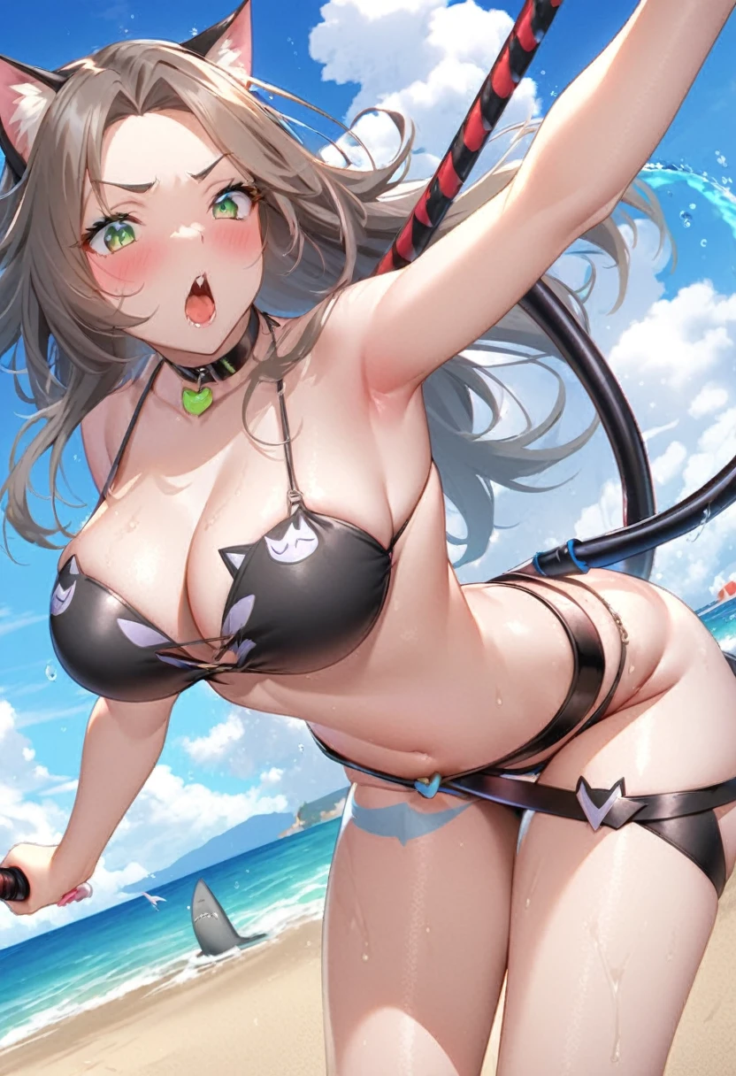 sexy cat girl (sexy woman, cat themed leather bikini, whip on belt) is surfing on the back of a robotic shark, summer fun, beach craziness